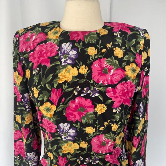 Vintage Midi Dress 6 Black Pink Floral Pleated Drop Waist Romantic Cottage 90s - Picture 2 of 16